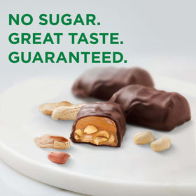 Russell Stover sugar-free chocolate coating closeup emphasizes smooth, glossy finish.
