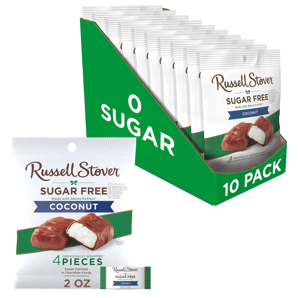 Russell Stover Sugar Free Coconut in Chocolate Candy bag display for indulgent sugar-free snacking