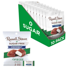 Russell Stover Sugar Free Coconut in Chocolate Candy bag display for indulgent sugar-free snacking