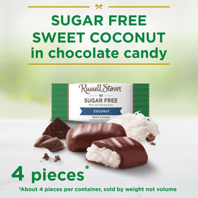 Russell Stover sugar free coconut in chocolate candy pieces wrapped for easy on-the-go treats