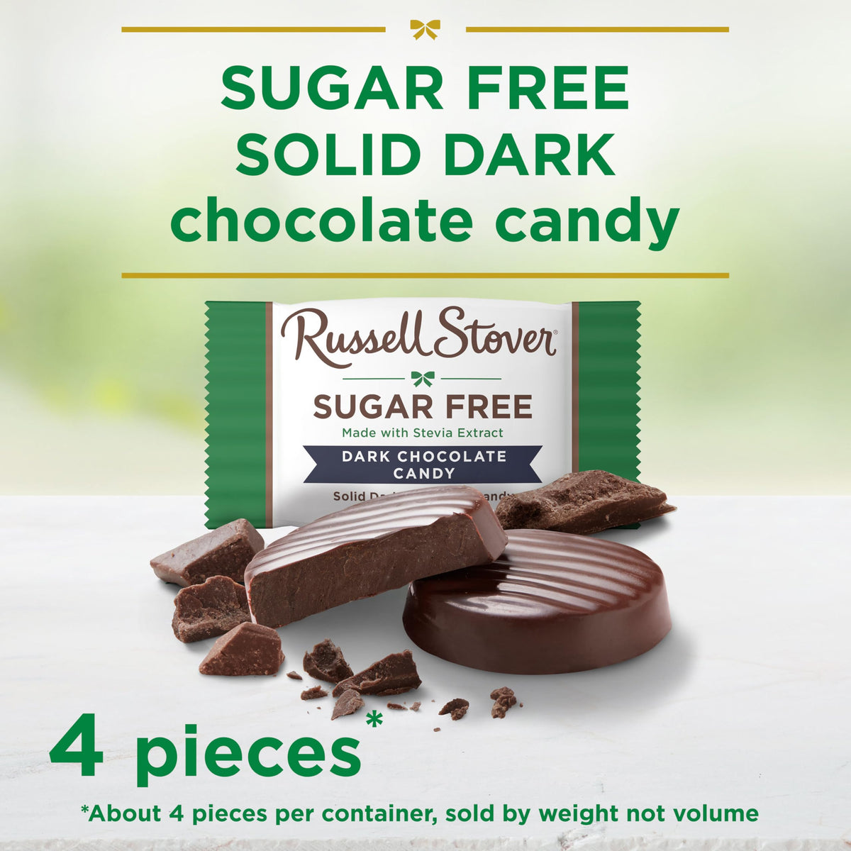 Close-up of Russell Stover Sugar Free Dark Chocolate Medallions highlighting glossy finish.