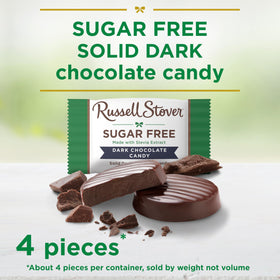 Close-up of Russell Stover Sugar Free Dark Chocolate Medallions highlighting glossy finish.