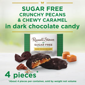 Russell Stover Sugar Free Dark Chocolate Pecan Delights bag back highlights ingredients and dietary-friendly options.