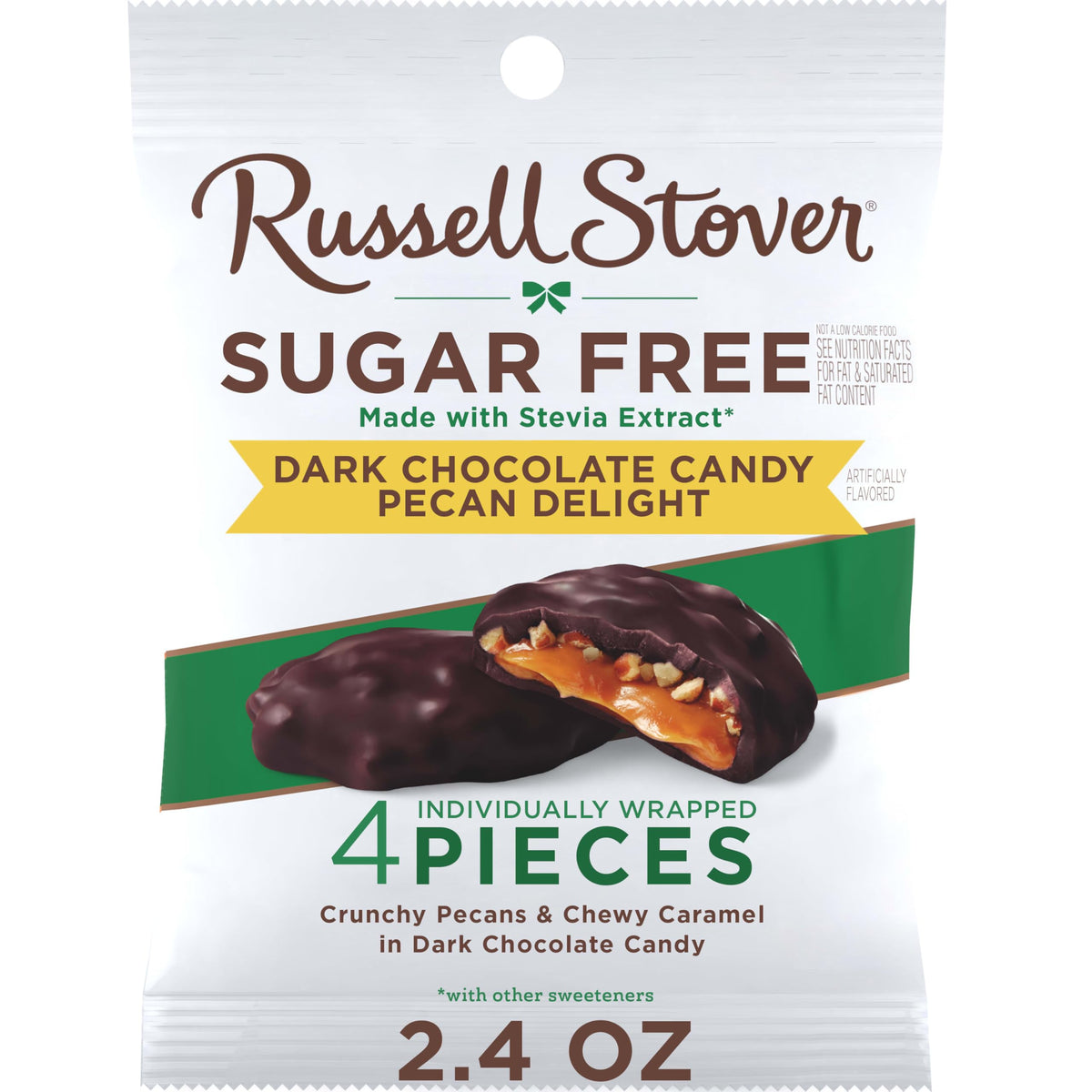 Russell Stover Sugar Free Dark Chocolate Pecan Delights bag front shows sugar-free indulgence for on-the-go snacking.