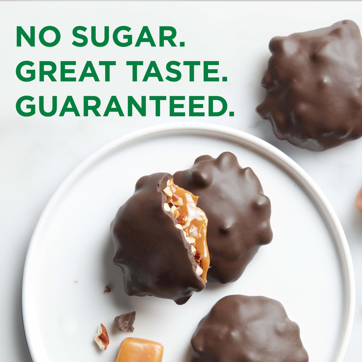 Close-up of caramel core inside Russell Stover Sugar-Free Delights.