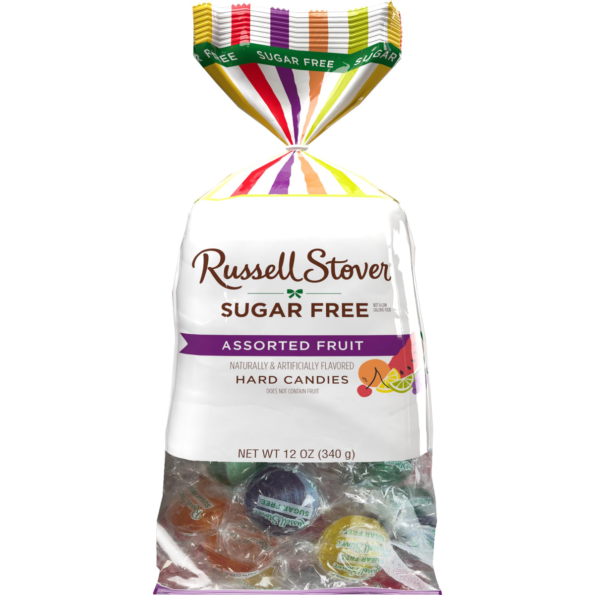 Russell Stover sugar-free fruit candies in a 12 oz bag, colorful and convenient for on-the-go snacking.