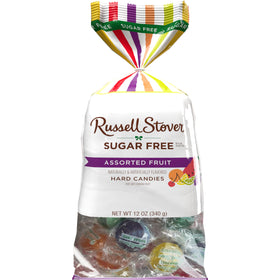 Russell Stover sugar-free fruit candies in a 12 oz bag, colorful and convenient for on-the-go snacking.
