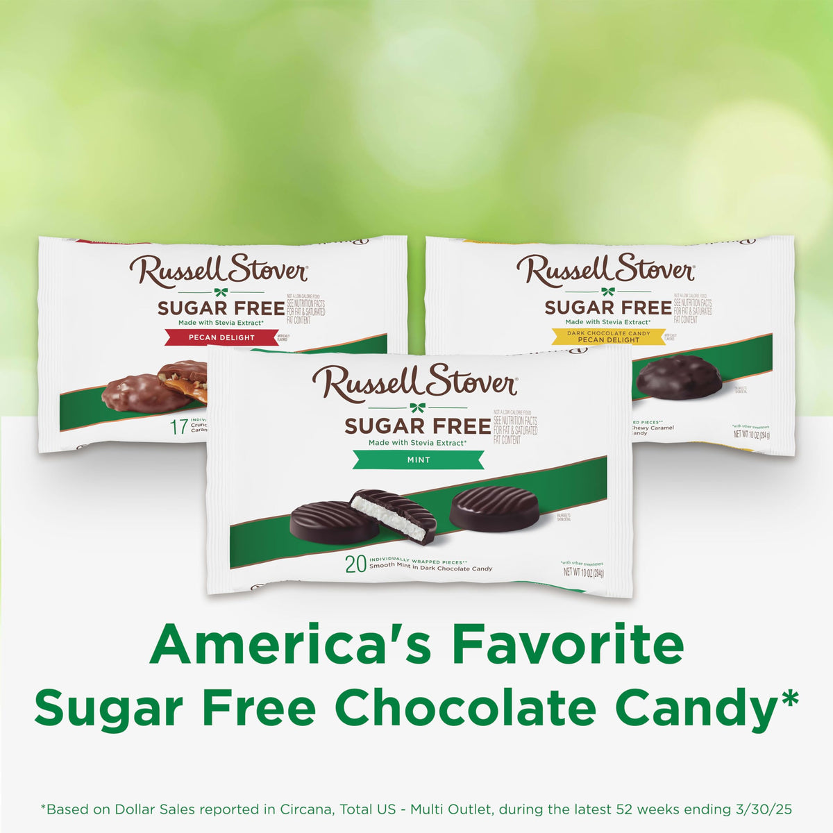 Russell Stover Sugar Free Mint Patties dark-chocolate coating on glossy surface