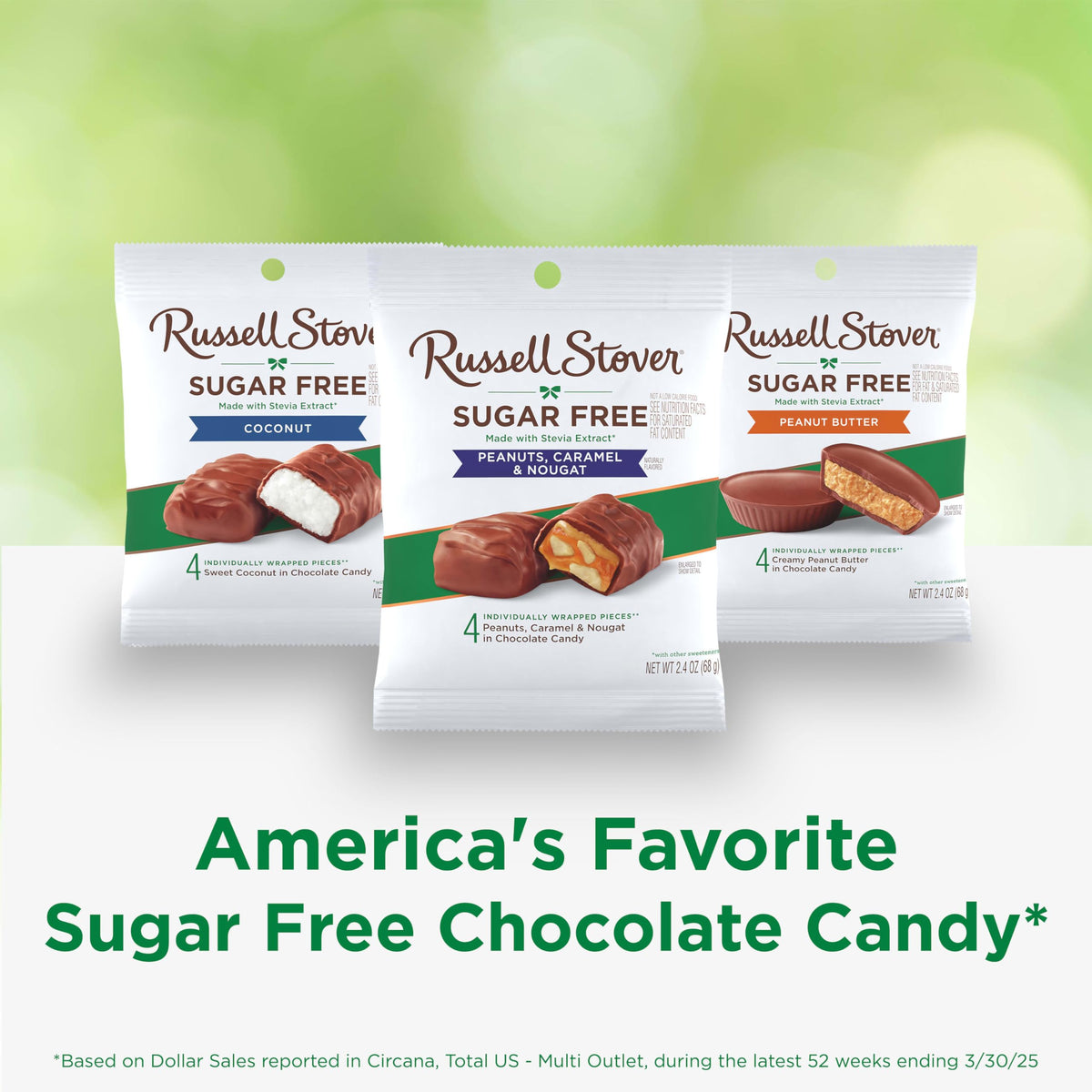 Russell Stover sugar-free nougat peanut texture closeup shows creamy caramel bits.