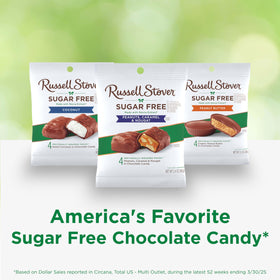 Russell Stover sugar-free nougat peanut texture closeup shows creamy caramel bits.
