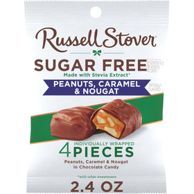 Russell Stover sugar-free peanut caramel nougat bag view, convenient for on-the-go snacking.