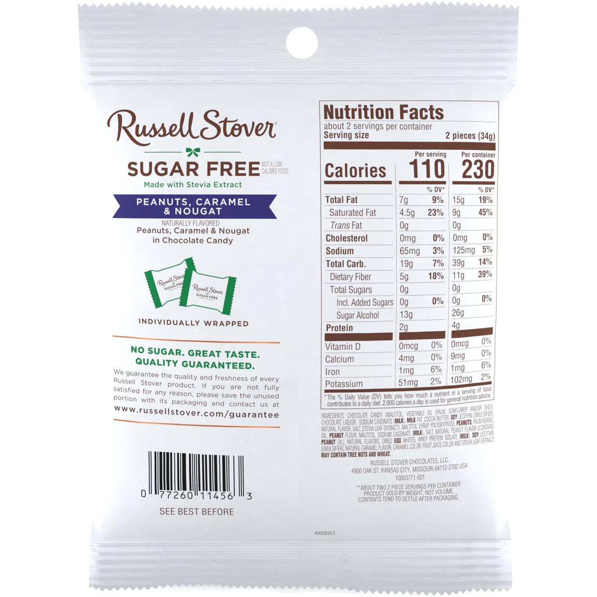 Russell Stover sugar-free peanut caramel nougat pack 10 for convenient family treat.