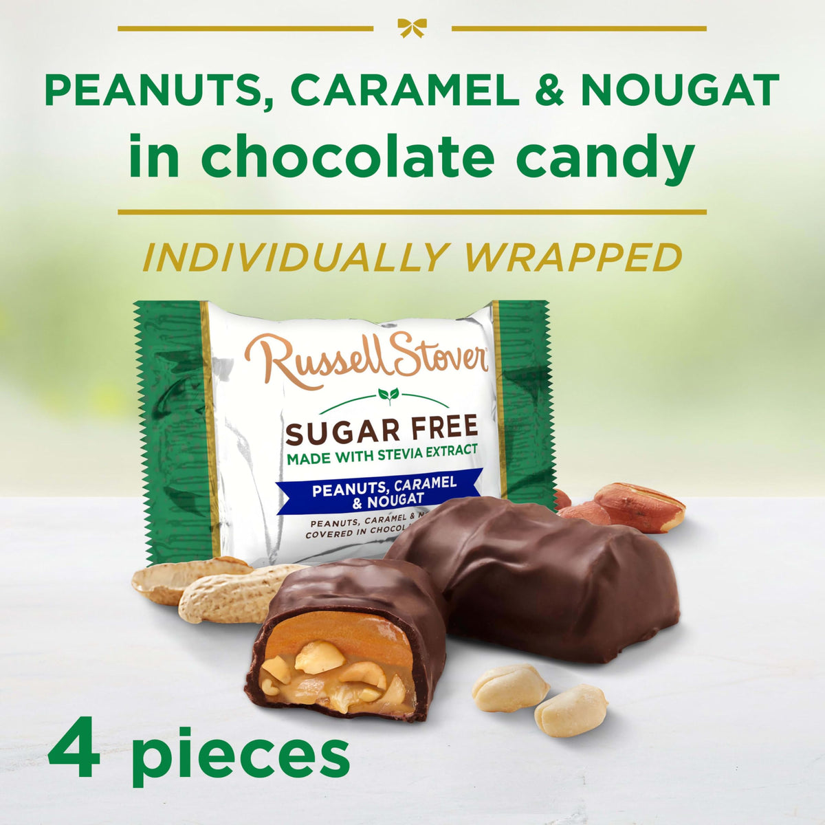 Russell Stover sugar-free peanut caramel nougat pack closeup highlights chewy nougat, caramel, and peanuts.