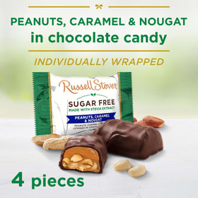 Russell Stover sugar-free peanut caramel nougat pack closeup highlights chewy nougat, caramel, and peanuts.