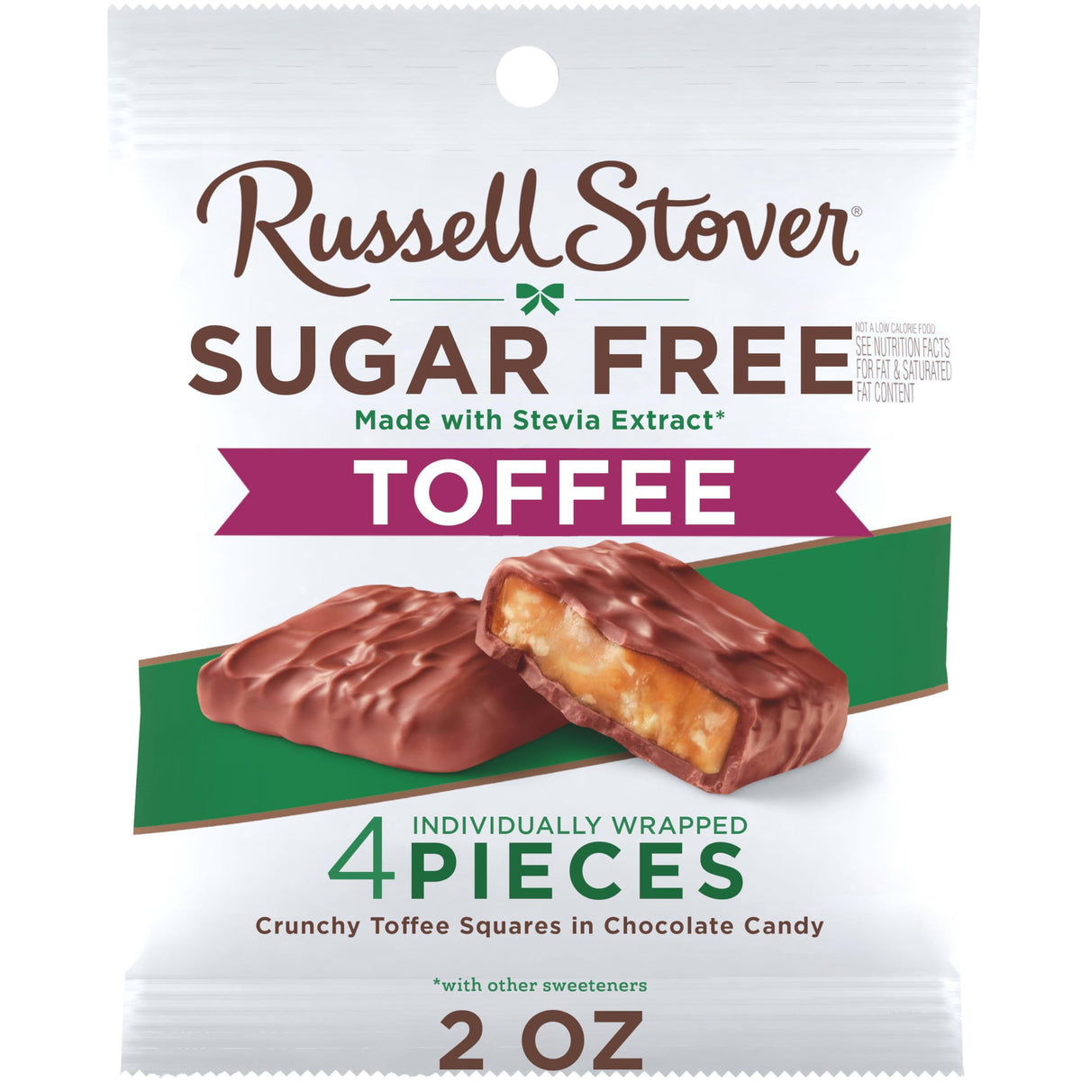 Russell Stover Sugar Free Toffee Squares bag front, convenient 2 oz packs.