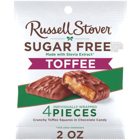 Russell Stover Sugar Free Toffee Squares bag front, convenient 2 oz packs.