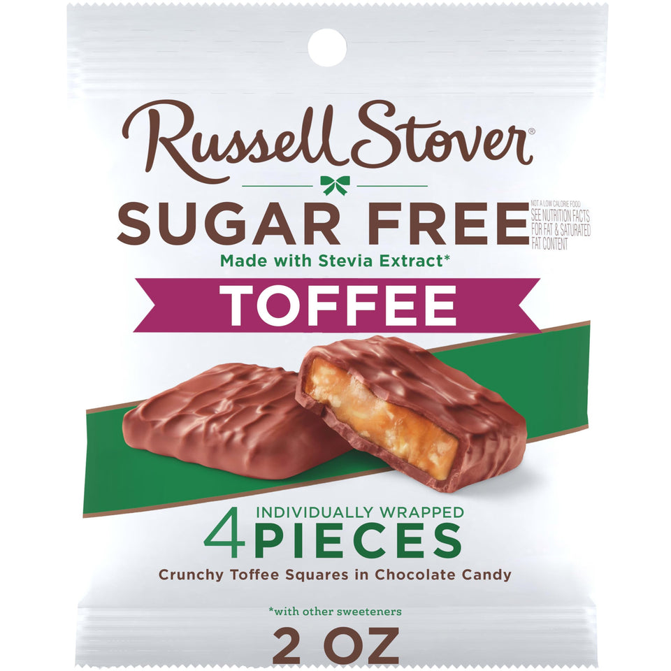 Russell Stover Sugar Free Toffee Squares bag front, convenient 2 oz packs.
