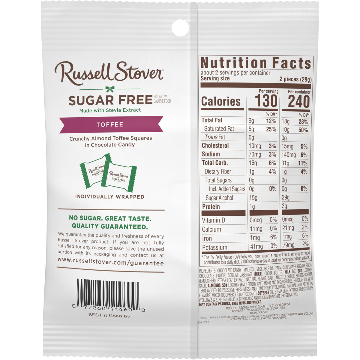 Russell Stover Sugar Free Toffee Squares travel-friendly treat for snacks.