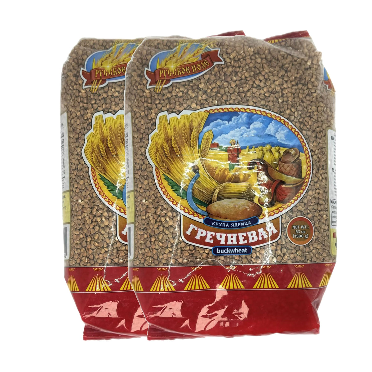 Russkoe Pole Buckwheat Groats front view packaging, versatile pantry staple for breakfast porridge.