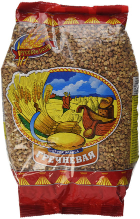 Russkoe Pole buckwheat groats front view, gluten-free staple for versatile meals.