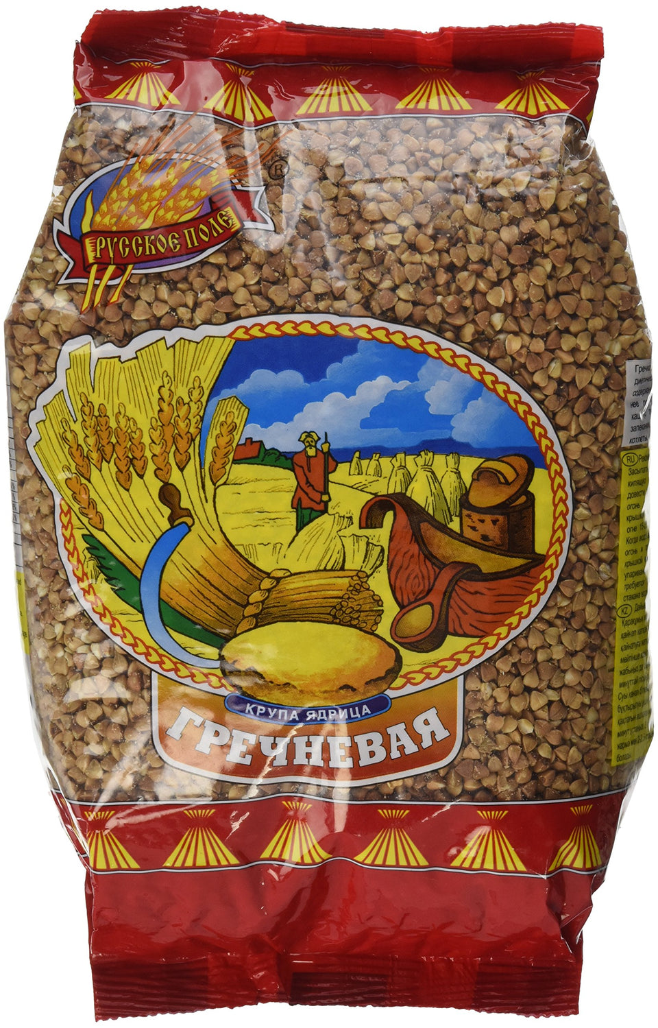 Russkoe Pole buckwheat groats front view, gluten-free staple for versatile meals.
