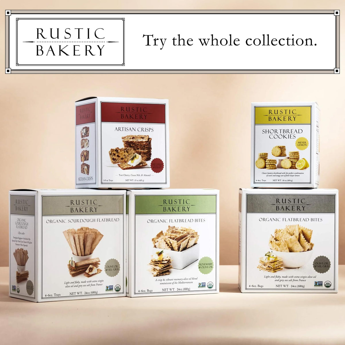 Three 5 oz trays of Rustic Bakery Artisan Crisps ready for serving
