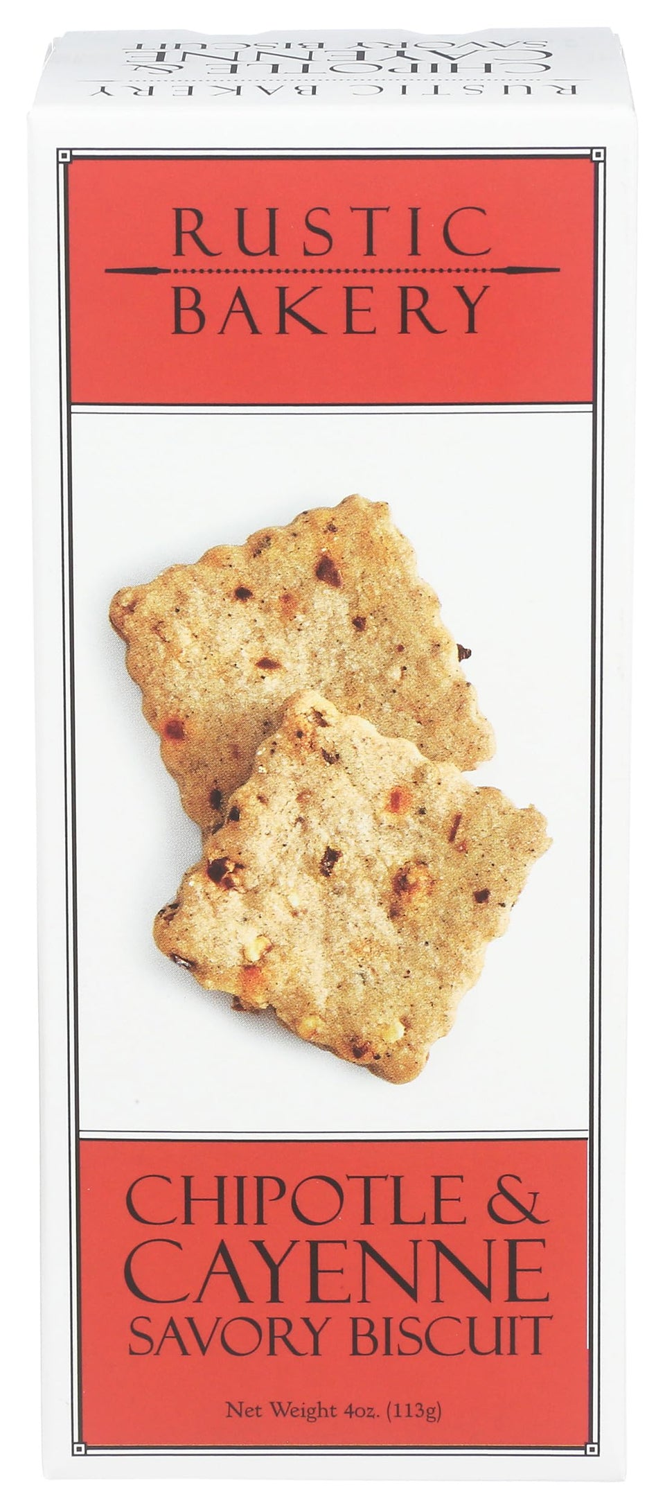 Rustic Bakery Chipotle Cayenne Savory Biscuits front view, bold flavor for snacking