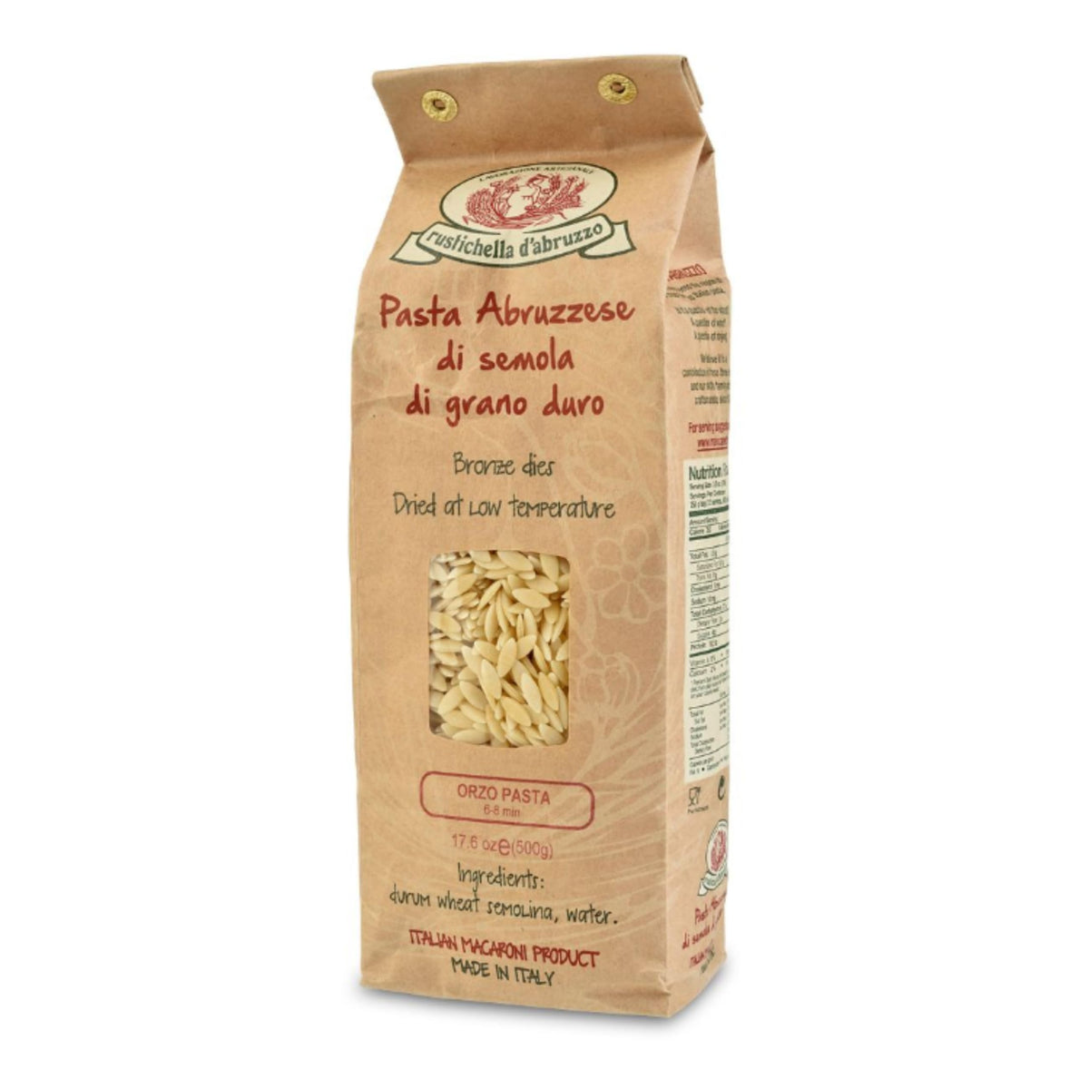 Rustichella d'Abruzzo orzo pasta pack shot, ready for soups and side dishes.