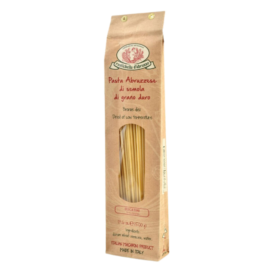 Rustichella d'Abruzzo Bucatini packshot showcases premium pasta ideal for rich sauces.