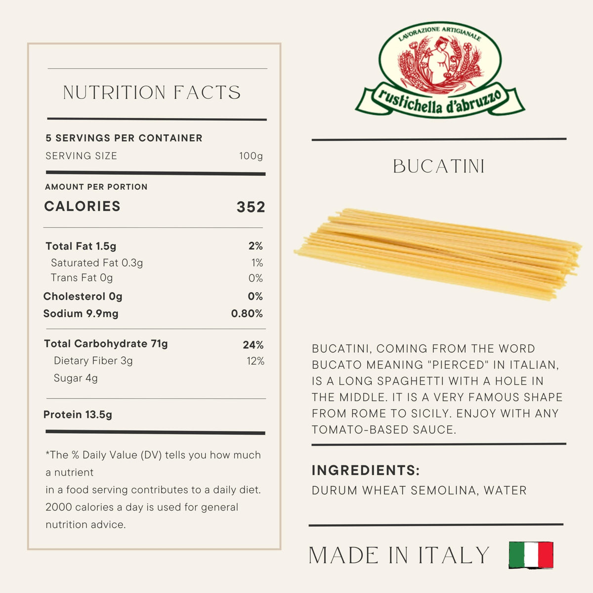 Rustichella Bucatini uncooked bundle highlights thick hollow tubes ready to hold sauce.