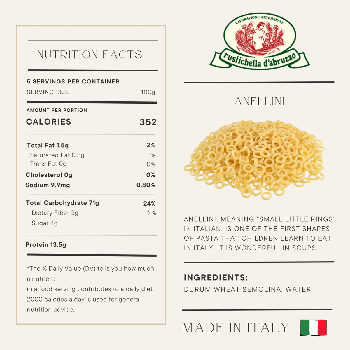 Rustichella d'Abruzzo Anellini in a hearty soup bowl, ready to serve.