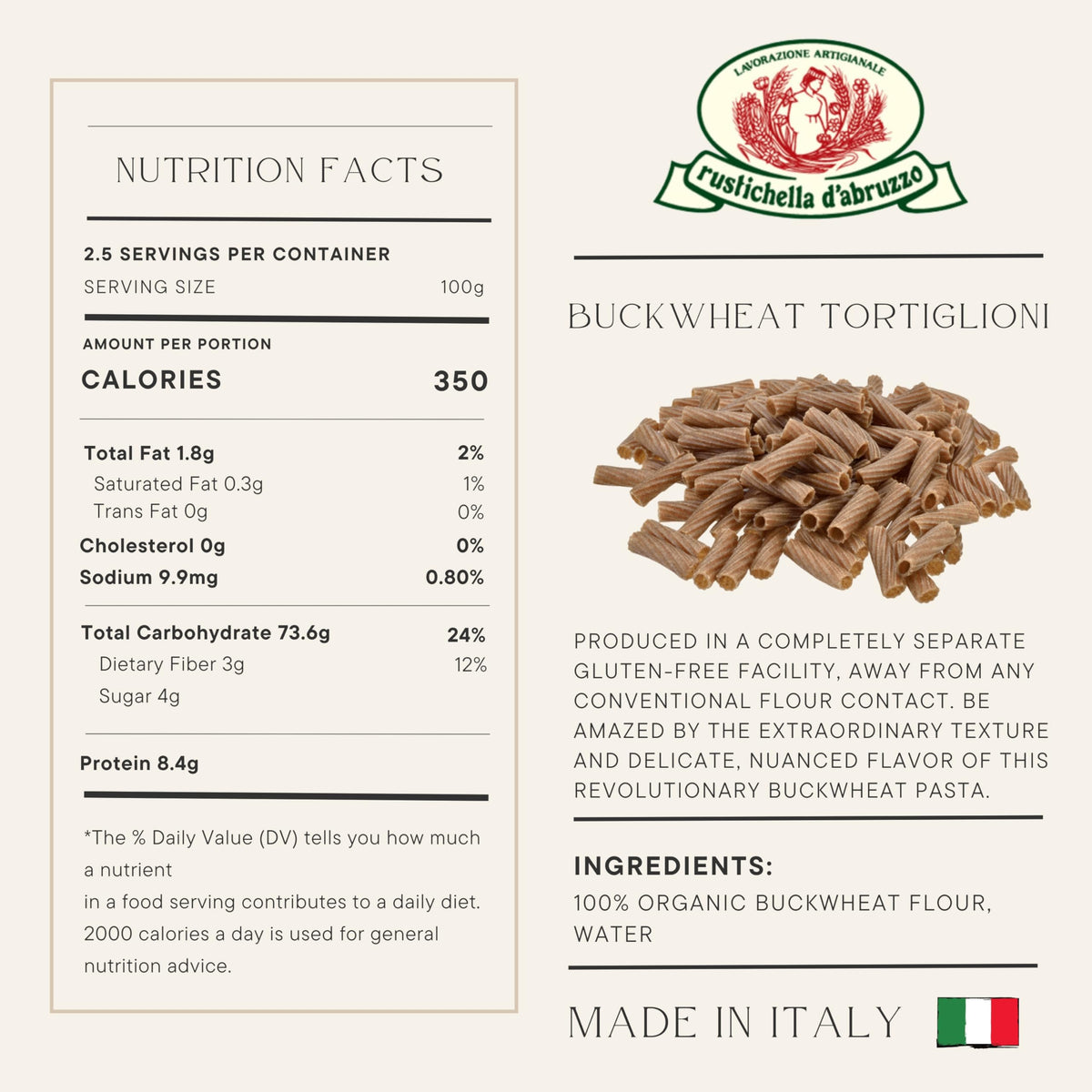 Rustichella d'Abruzzo tortiglioni closeup of dry pasta suggests buckwheat flavor and quality.