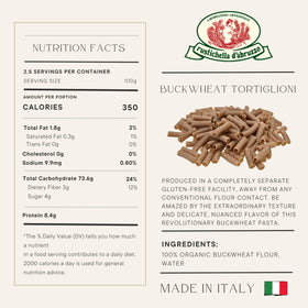 Rustichella d'Abruzzo tortiglioni closeup of dry pasta suggests buckwheat flavor and quality.