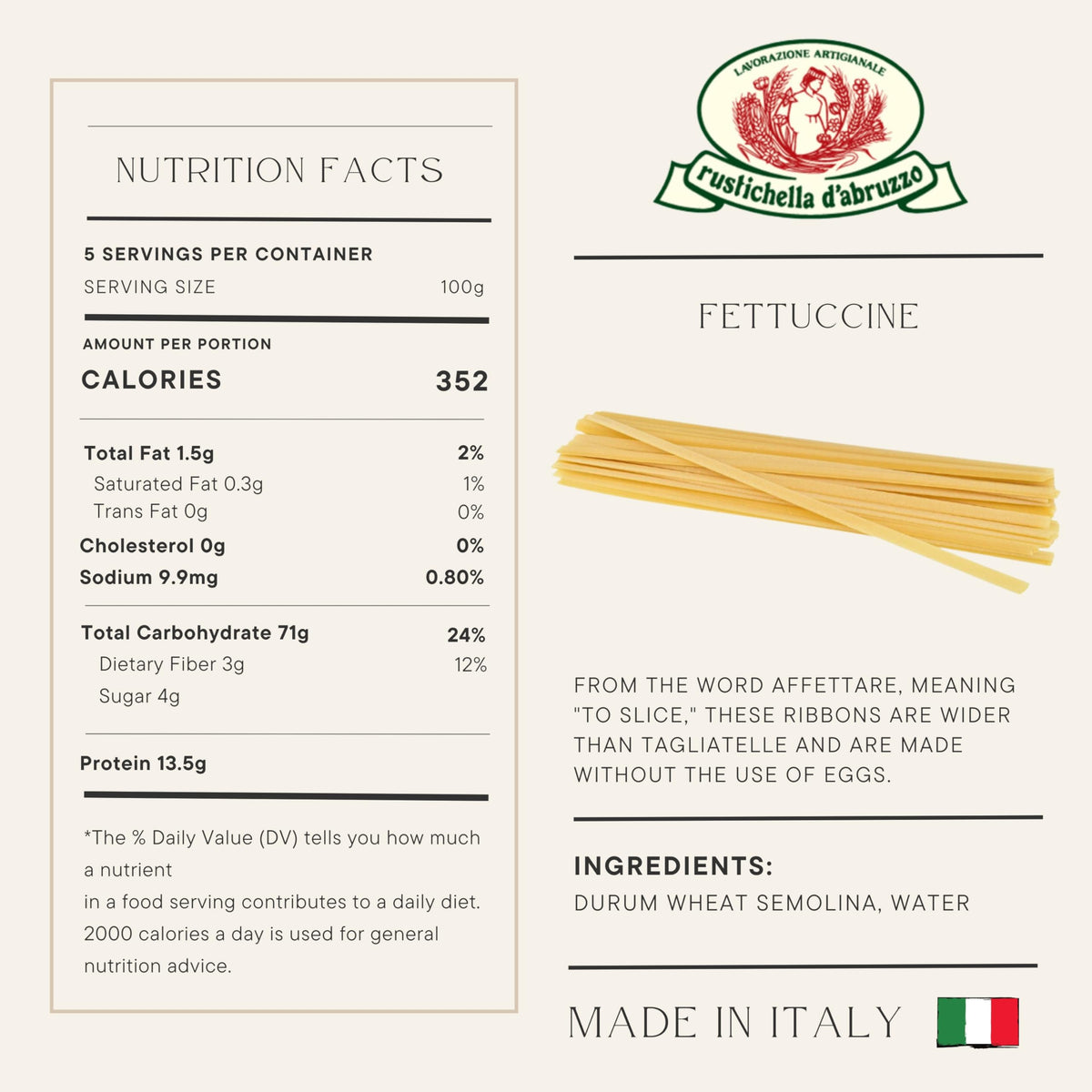 Rustichella d'Abruzzo egg-free pasta ready to pair with sauces.