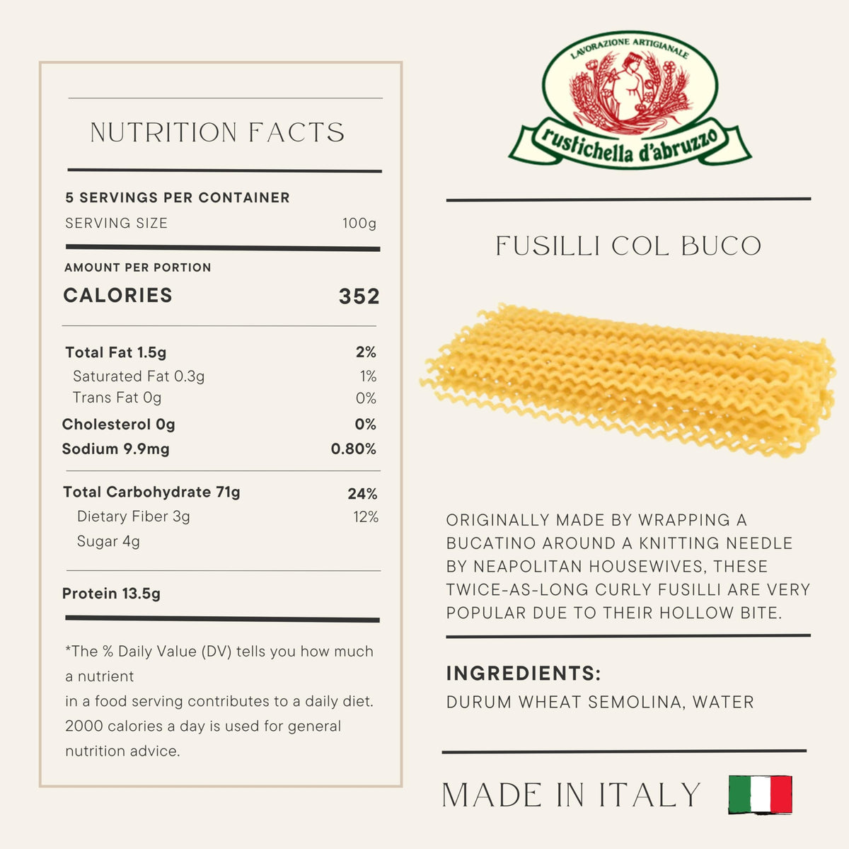 Rustichella d'Abruzzo Fusilli Col Buco cooked with tomato sauce, ideal for rich tomato dishes.