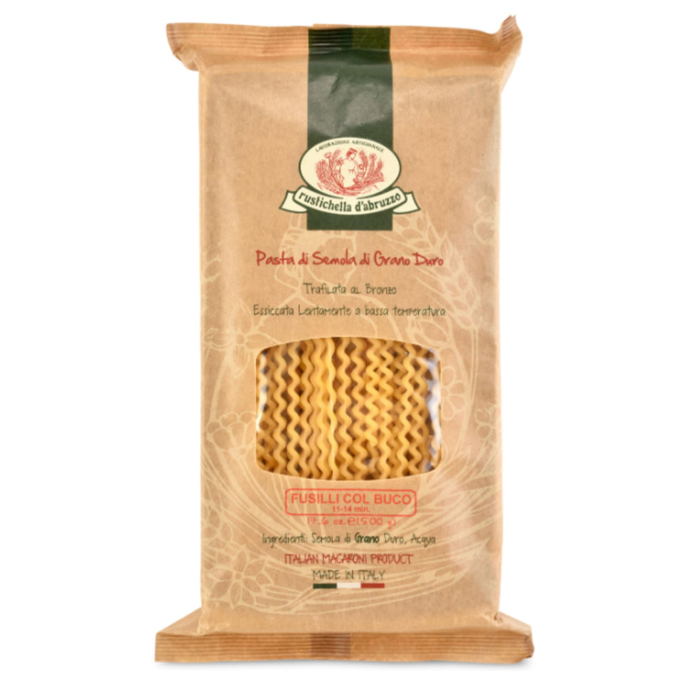 Rustichella d'Abruzzo Fusilli Col Buco uncooked bundle, premium durum wheat for timeless sauces.