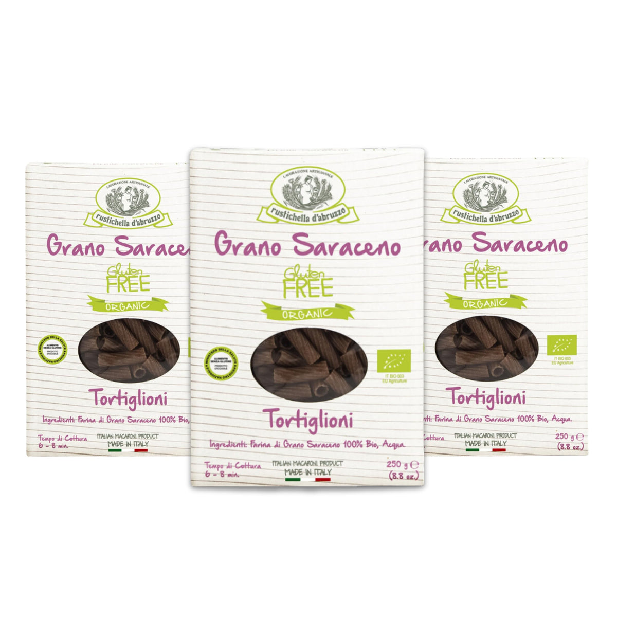 Rustichella d'Abruzzo organic buckwheat tortiglioni pack-3 packaging highlighting gluten-free, artisanal pasta quality.