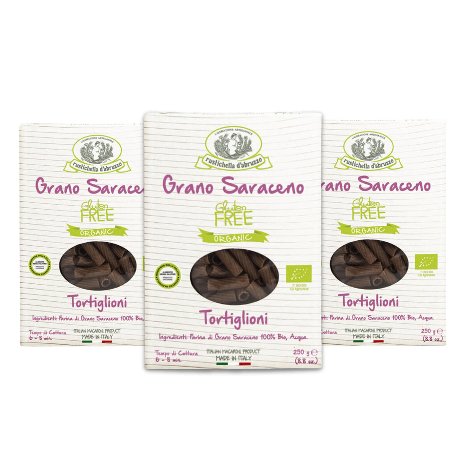 Rustichella d'Abruzzo organic buckwheat tortiglioni pack-3 packaging highlighting gluten-free, artisanal pasta quality.