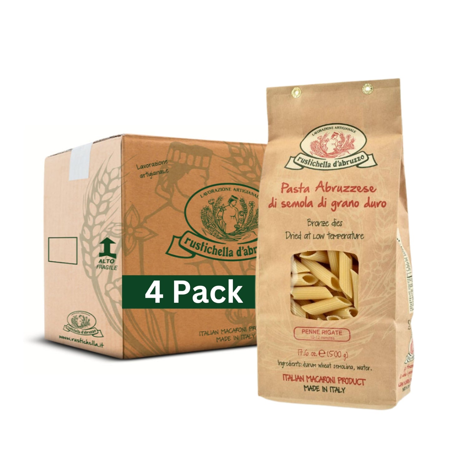Rustichella d'Abruzzo penne rigate box front, authentic packaging for versatile sauces.