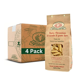 Rustichella d'Abruzzo penne rigate box front, authentic packaging for versatile sauces.