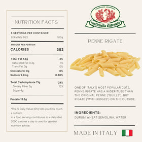 Rustichella d'Abruzzo penne rigate in a pan for even cooking.