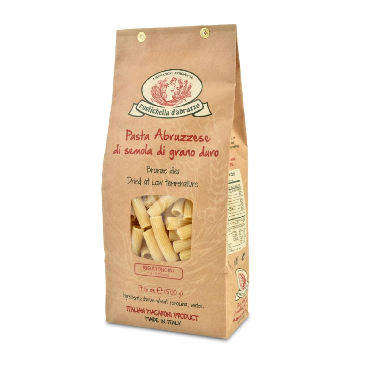 Rustichella d'Abruzzo Rigatoncini packaging highlights authentic Abruzzo craftsmanship for everyday meals