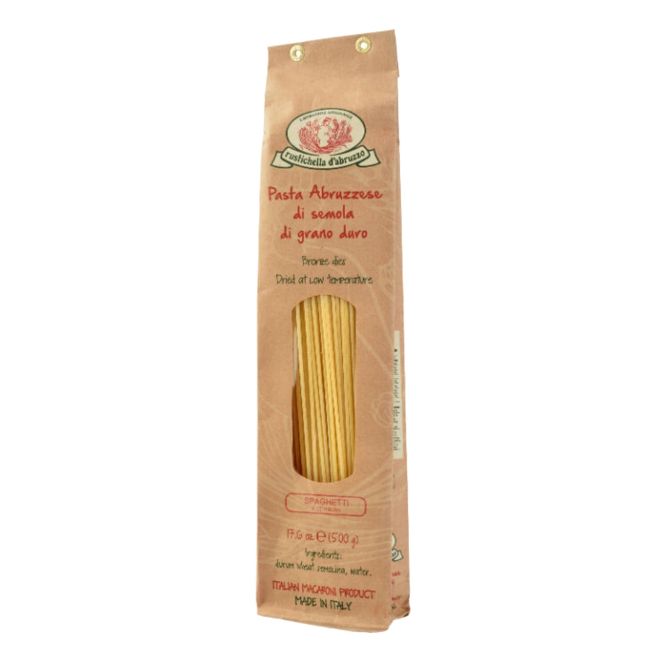 Rustichella d'Abruzzo spaghetti 500g pack highlighting premium durum wheat for sauces