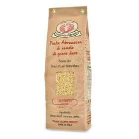 Rustichella d'Abruzzo Alfabeto pasta in brown paper bag, premium pantry staple.