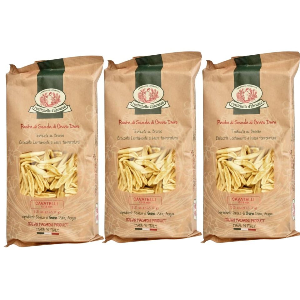 Rustichella d'Abruzzo cavatelli thumbprint shape enhances sauce cling.