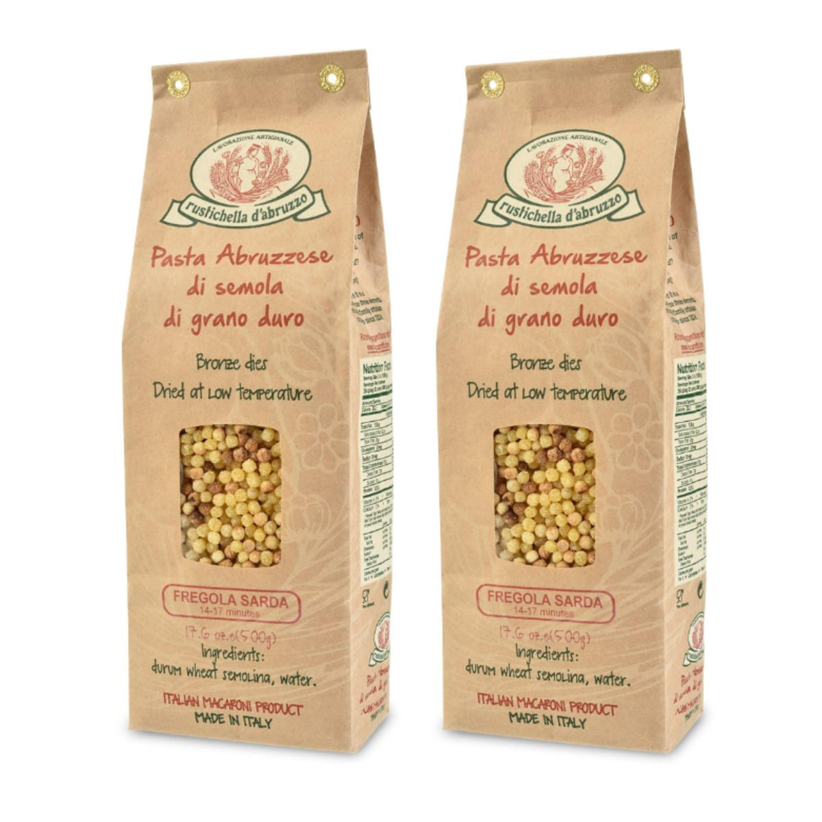 Rustichella d'Abruzzo fregola sarda pasta bag close-up for pantry storage.