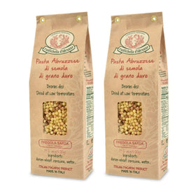 Rustichella d'Abruzzo fregola sarda pasta bag close-up for pantry storage.