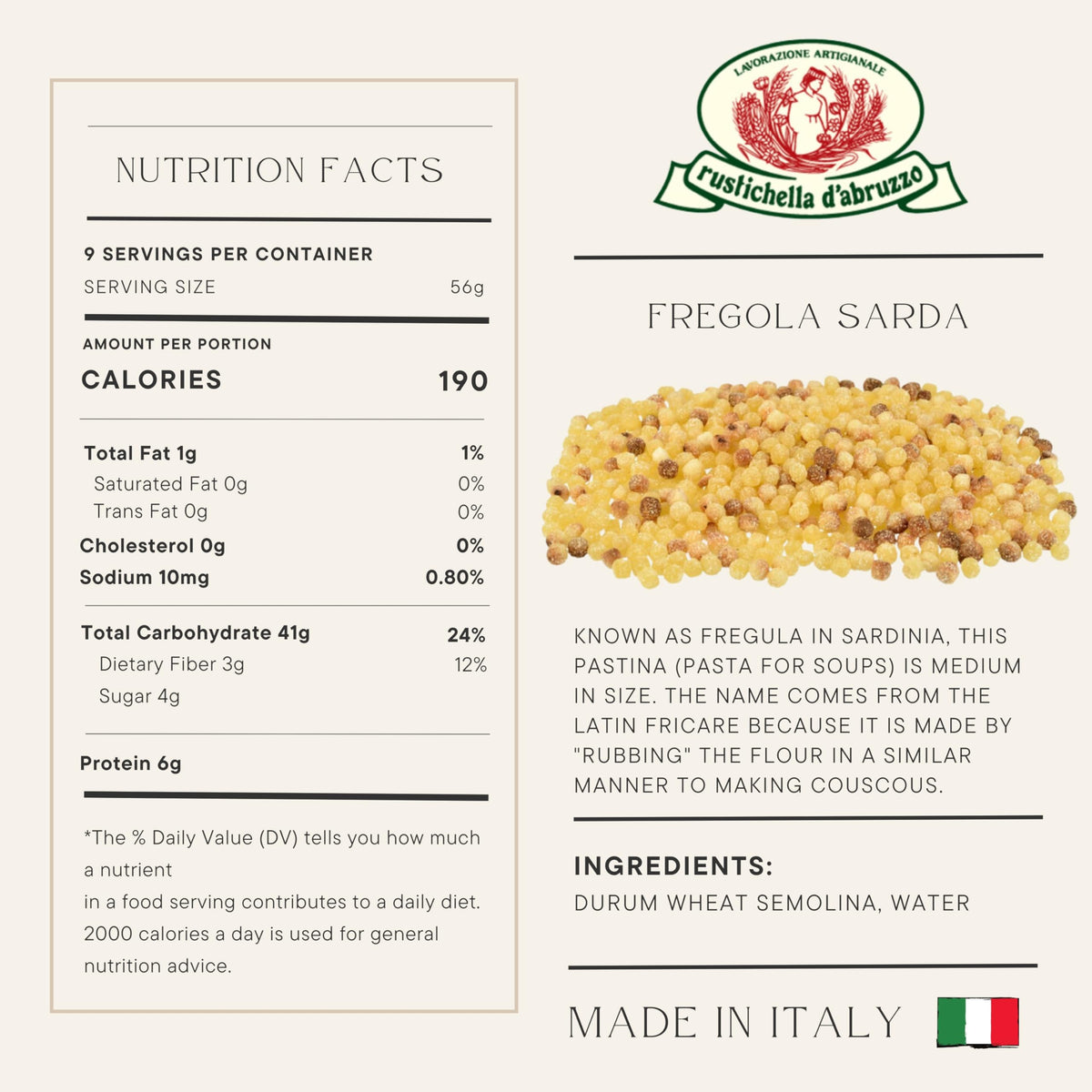Rustichella d'Abruzzo fregola sarda pasta dry texture ready to absorb sauces.