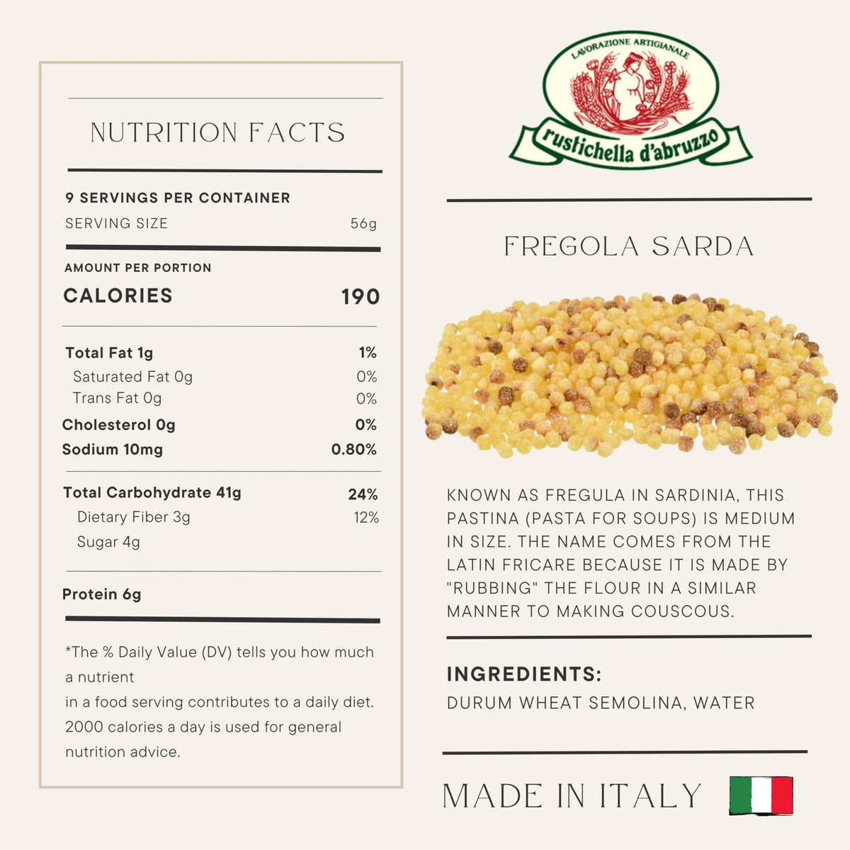 Rustichella d'Abruzzo fregola sarda texture balls formed by traditional rubbing method.