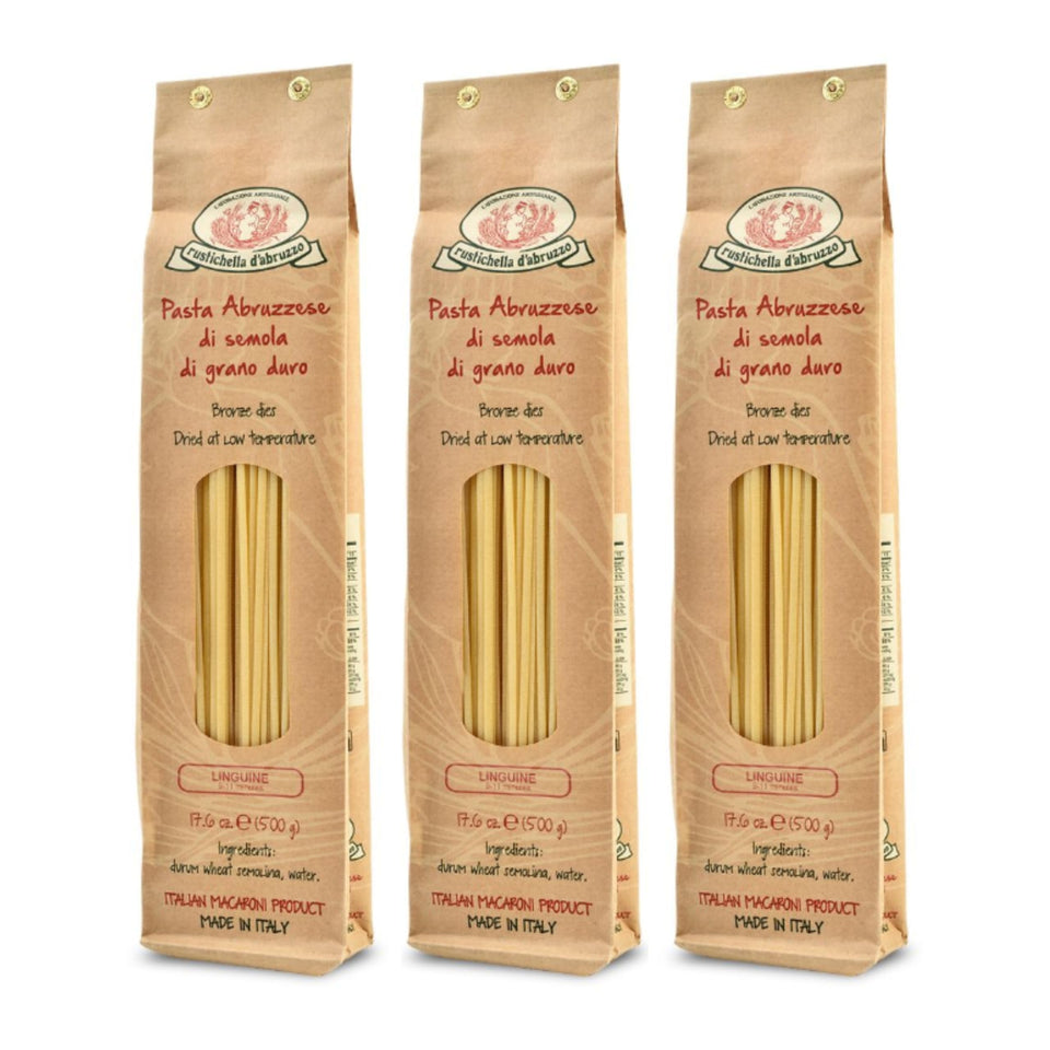 Rustichella d'Abruzzo linguine pack 3 x 500g ready for effortless seafood sauces.